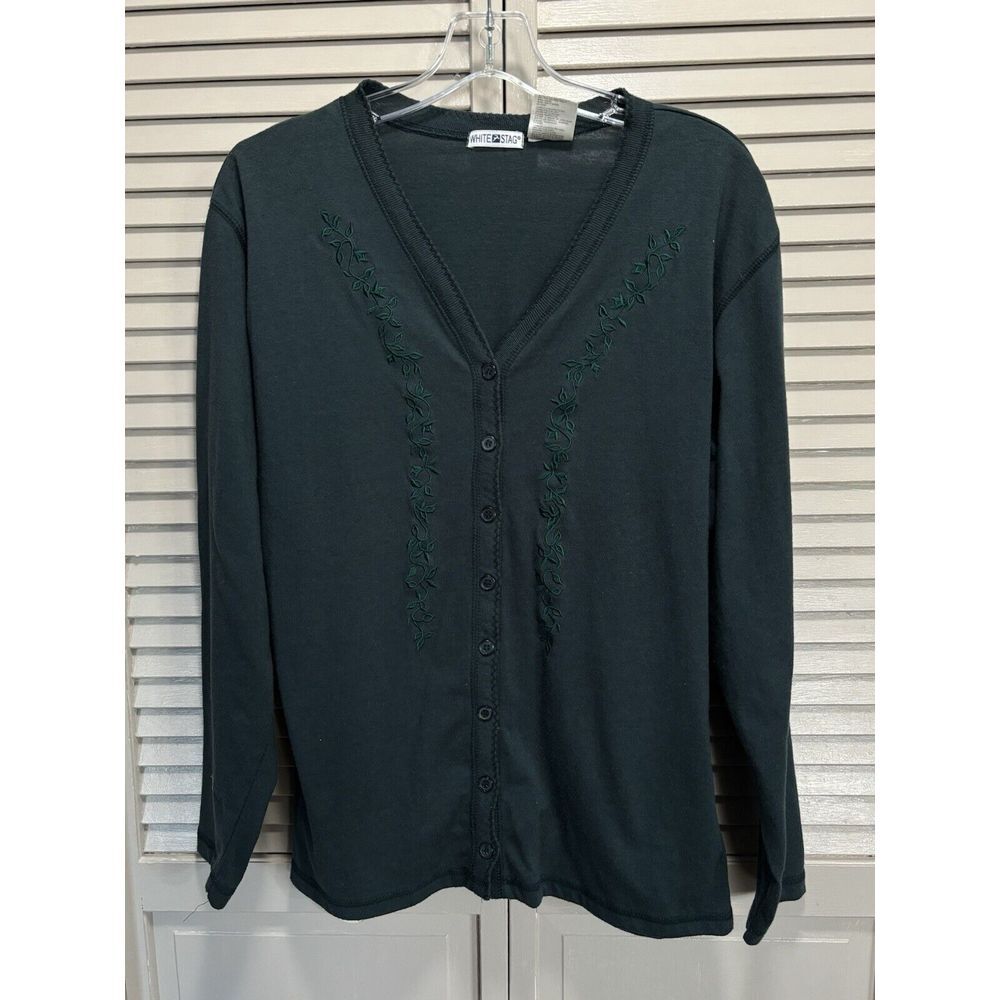 White Stag Green Embroidered Button Up Sweater Size Large Long Sleeve